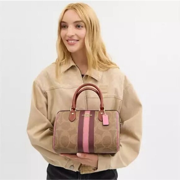 💕COACH💕 Rowan Satchel Bag ~ Signature Canvas Stripe Print Pink NWT - Picture 5 of 8